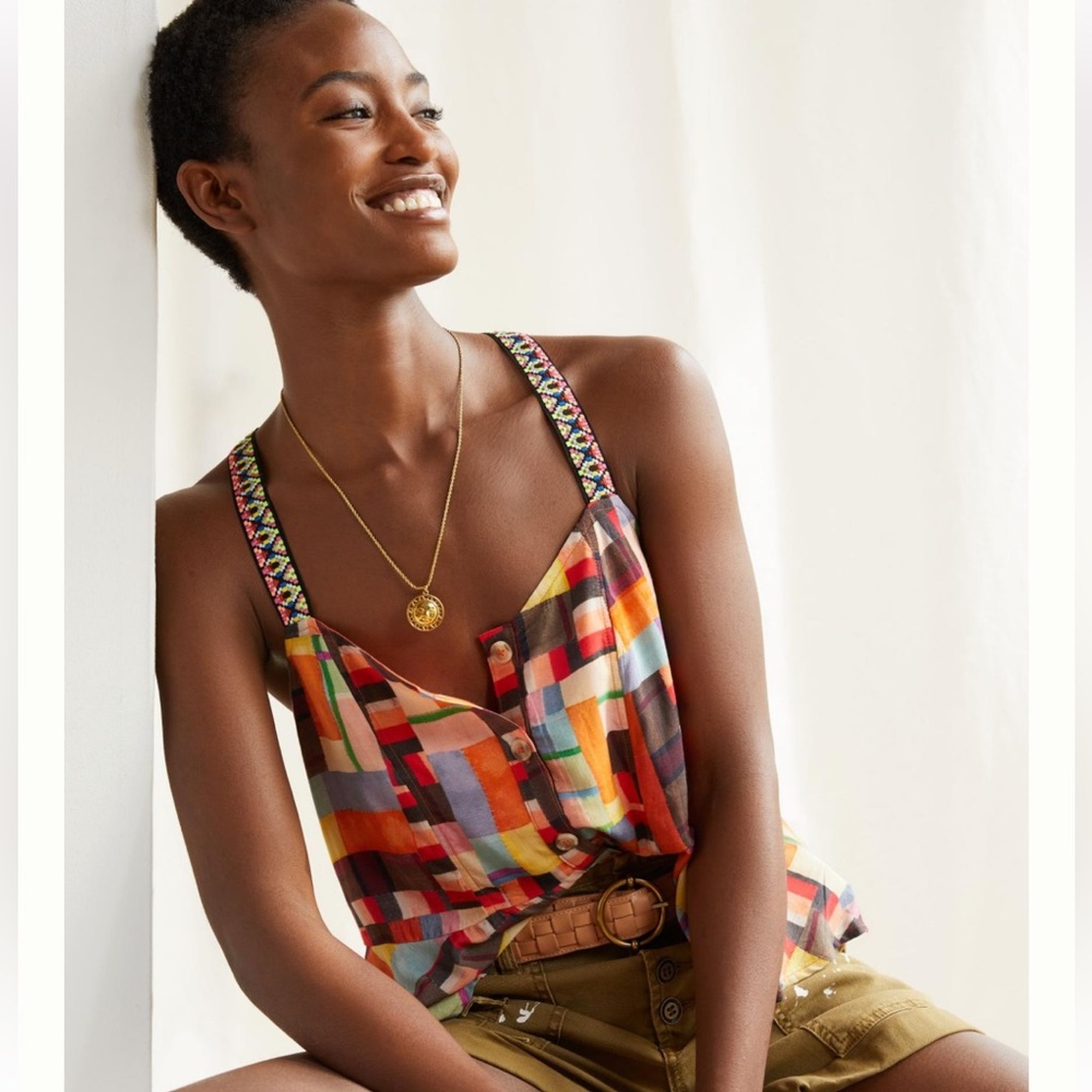 Anthropologie Pilcro Abstract Peplum Multicolor Geometric Tank Top Sz M